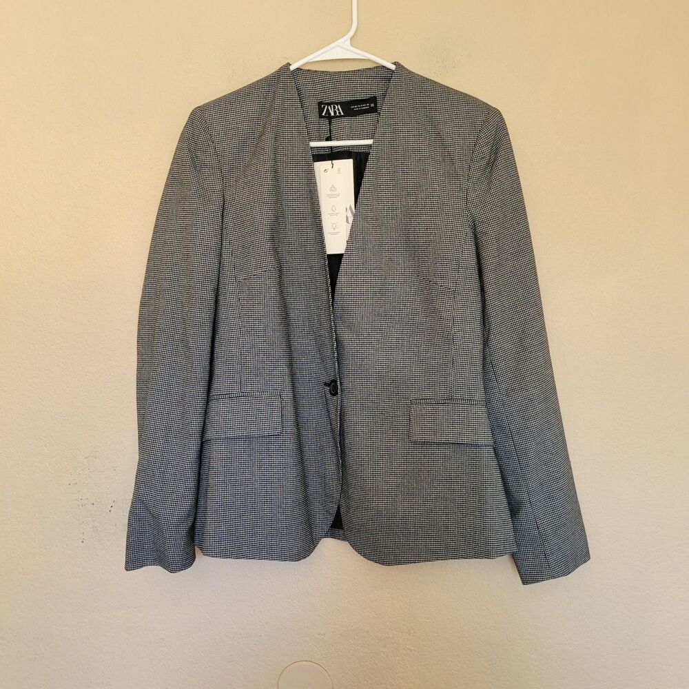 Zara Blazer Jacket Women 6 Single Button Micro Check Minimalist Professional Nwt